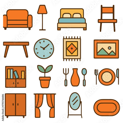  Home Essentials:  A visually delightful collection of home essentials, presented as clean, colorful icons, perfectly suited for interior design, housewarming themes, and more.