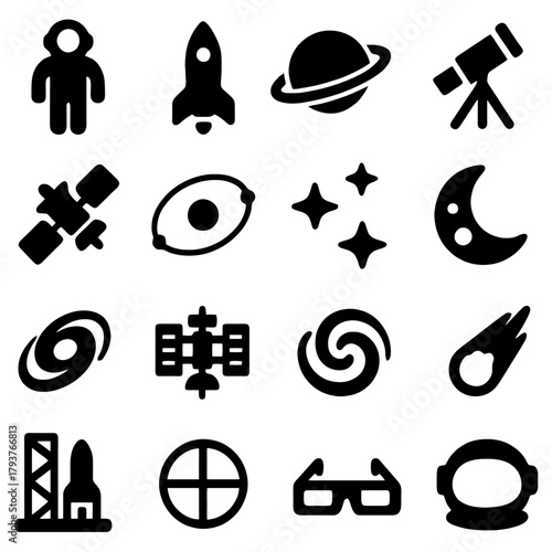 Outer Space Icons: Set of simple icons representing elements associated with space exploration and the cosmos, perfect for educational materials and design projects.