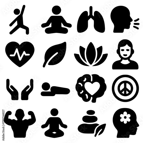 Wellness Iconography: A collection of symbolic icons related to health, mind and body, representing various aspects of wellness, fitness, and tranquility.