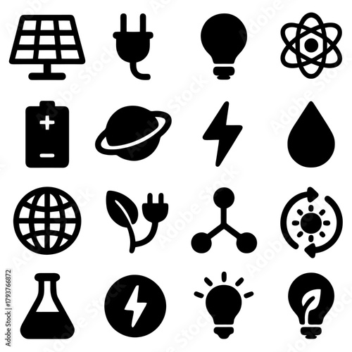 Renewable Energy Elements: A collection of diverse icons representing facets of renewable energy, from solar panels and wind turbines to eco-friendly power sources