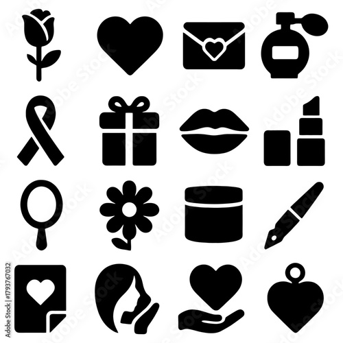 Romance Essentials: A curated collection of symbolic icons, elegantly depicting elements of romance, love, and intimacy. A visual poem celebrating affection.