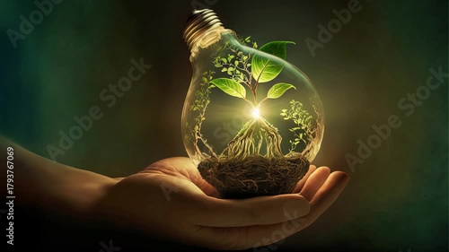 hand holding a light bulb with a small plant growing inside. The use of green energy and renewable, efficient recyclable. Concept of eco-friendly lifestyle which helps reduce global warming.
