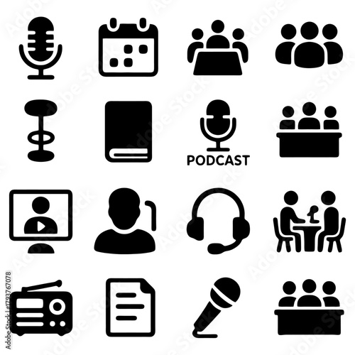 Podcast and Communication Icons: A collection of concise icons representing podcasting, meetings, and related communication tools.