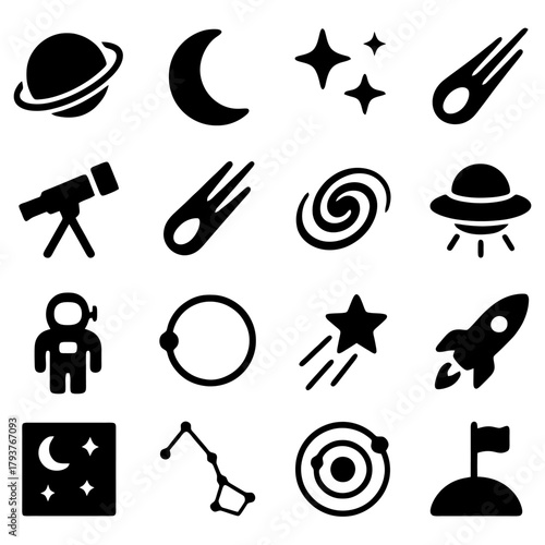 Celestial Icons: A collection of meticulously crafted, flat-design icons that beautifully encapsulate the mysteries and wonders of space, astronomy, and exploration.
