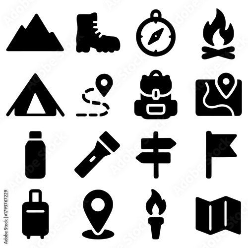 Adventure Essentials: A compilation of essential icons, ideal for travel, adventure, and outdoor recreation themes, embodying the spirit of exploration and the thrill of the wild.