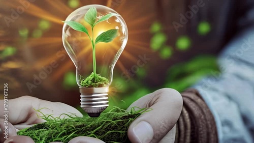 human hand holding a light bulb with a plant sprout inside. Concept of green energy saving, renewable and recycling. Ecology behavior for global warming.