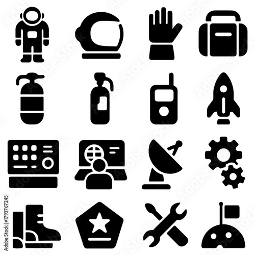 Icons of Space Exploration: A collection of meticulously crafted icons, each representing an essential element of space exploration, from the astronaut to the satellite.