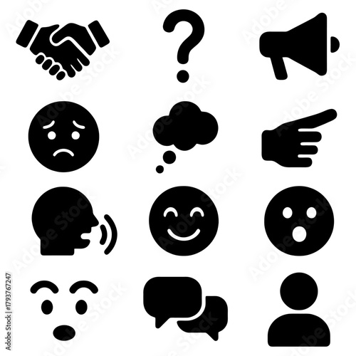 Communication Icons: Collection of graphical icons, representing various elements of communication and human interaction.
