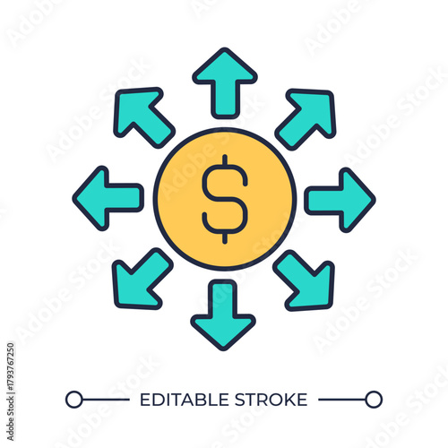 Financial diversification line color icon. Investment strategy, asset management. Funds organization, money control. Isolated vector illustration. Flat colorful symbol design. Editable stroke