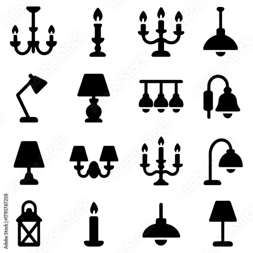 Illuminating Icon Array: An array of assorted light fixtures, presenting a collection of candleholders, chandeliers, lamps, and lanterns, each radiating a unique illumination concept.