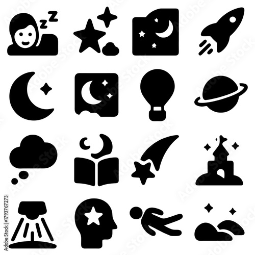 Cosmic Visions and Dreamscapes: A collection of various icons related to space, dreams, and imagination. It's a whimsical array of elements and ideas. 