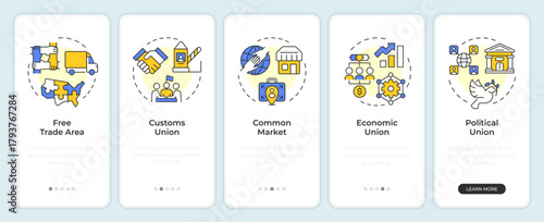 Trading blocs onboarding mobile app screen. Customs union. Walkthrough 5 steps editable graphic instructions with linear concepts. UI, UX, GUI. Montserrat SemiBold, Regular fonts used