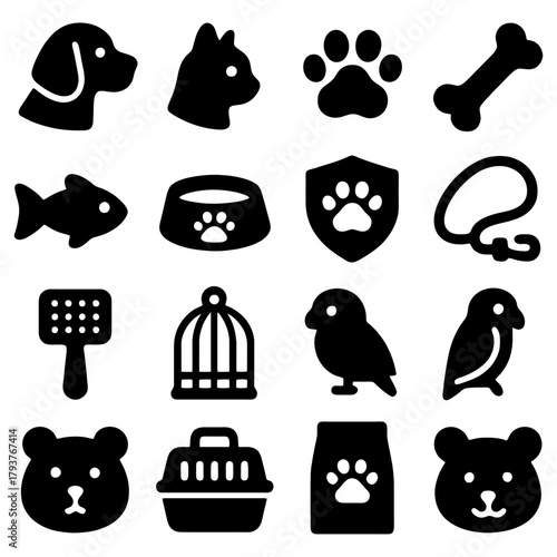 Pet Icons Silhouette: A collection of various pet icons, from loyal dogs to graceful cats, capturing the charm and essence of animal companionship. Ideal for designs related to animal care.