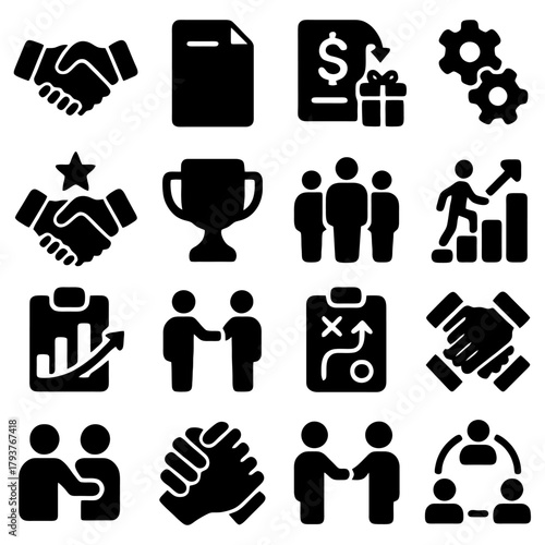 Business Icons Compilation: A collection of concise black-and-white icons illustrating key concepts such as partnership, financial, teamwork, strategy and planning