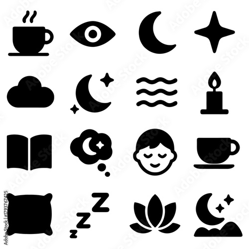 Nighttime Icons: A collection of symbolic icons representing the serene essence of twilight and slumber, capturing the gentle whispers of the night.