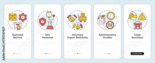Nontariff financial barriers onboarding mobile app screen. Walkthrough 5 steps editable graphic instructions with linear concepts. UI, UX, GUI. Montserrat SemiBold, Regular fonts used