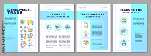 International trade brochure layout. Partnership agreement. Import restriction. Leaflet advertising design with color line icons. Editable 4 pages. Arial-Black, Myriad Pro-Regular fonts used