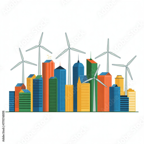 Modern city skyline powered by renewable energy from wind turbines and solar panels on white background.