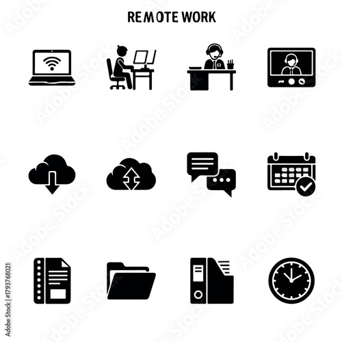 Remote work and home office solid glyph icon set.