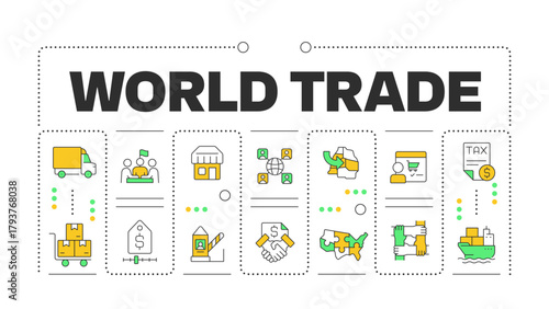 World trade word concept isolated on white. Financial agreement. Tariffs control. Logistics management. Creative illustration banner surrounded by editable line colorful icons. Hubot Sans font used