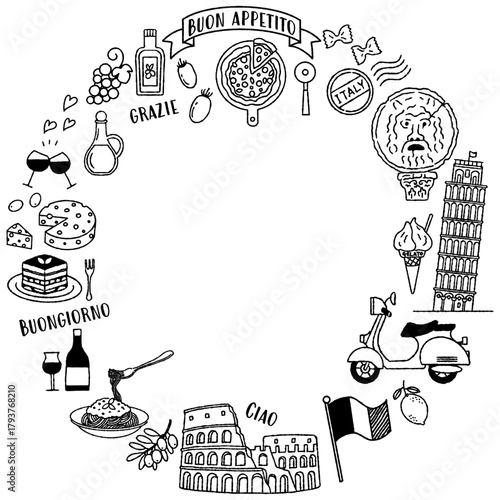 simple and cute clip art frame about Italy(monochrome)