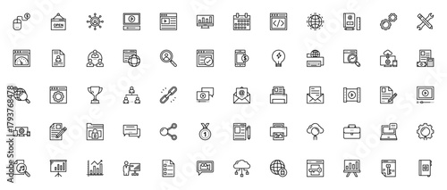 Digital marketing icon set. Vector business icons pak. Includes symbols for anlytics, PPC, browser, emai, cloud computing, contrac, SEO and more. Editable sroke.