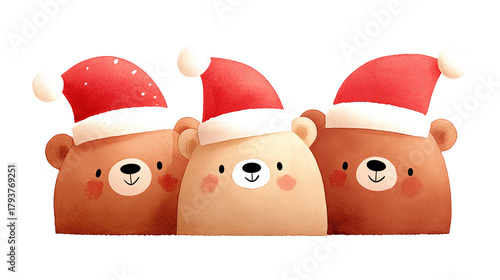 Cute cartoon bears in Santa hats, hand-painted watercolor style, isolated on a transparent background. Ideal for Christmas cards, festive designs, and seasonal commercial use.