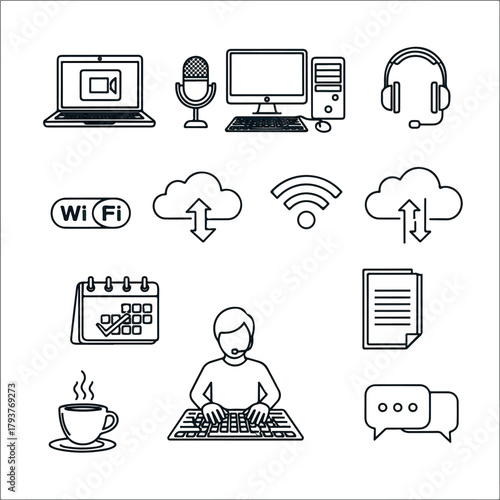 Set of line art icons for remote work online communication and technology.