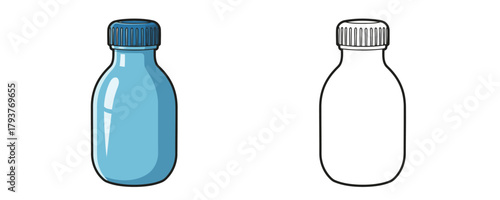 Vector illustration of a small, blank plastic bottle with a ribbed blue screw cap, shown in color and black outline