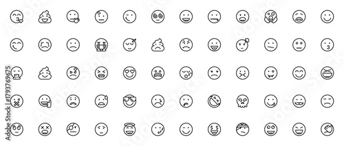 Emoticons icon set. Expressive emoji vector collectin. Features kiss, poo, win, shocked, smile, crying, ngry, love, laugh, skull ad more. Editable stroke.