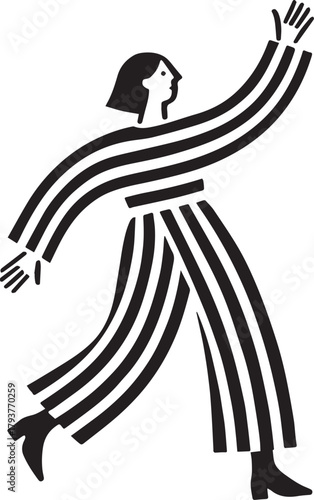 Striped Dancing Woman – Minimal Black & White Geometric Illustration