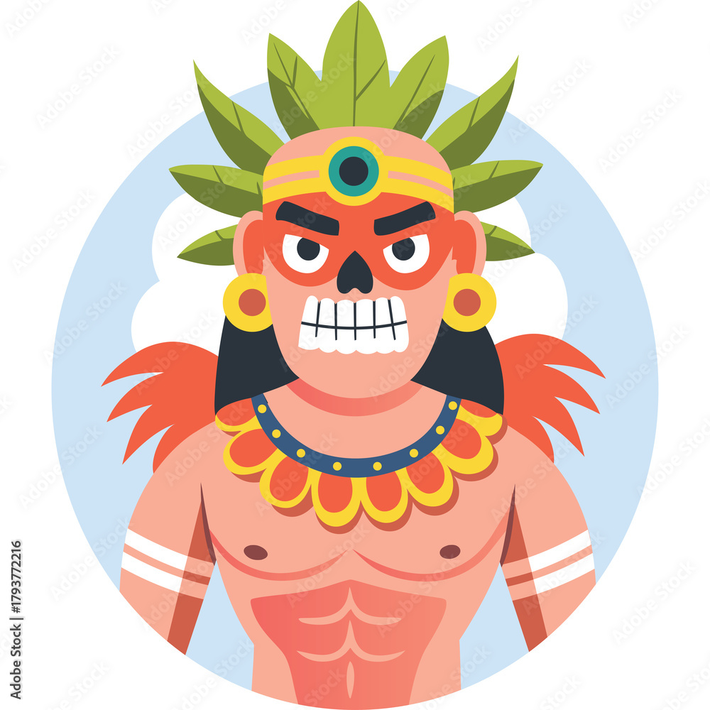 Fototapeta premium Pixel Art Warrior With Fierce Expression Wearing Feathered Headdress and Tribal Necklace Against Sky and Clouds