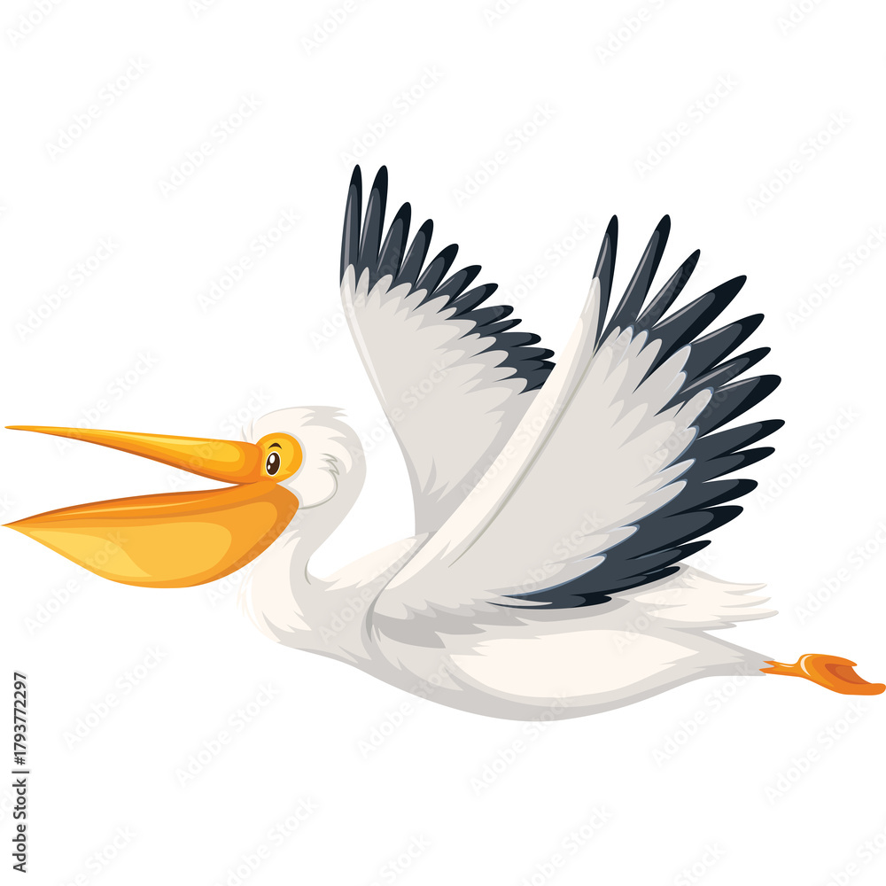 Fototapeta premium Pixel Art White Pelican Bird Flying With Open Beak and Yellow Pouch Detailed Feathers White Background