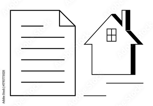 Document with lines next to simple house shape. Ideal for homeownership, contracts, real estate, legal agreements, mortgages, housing investments, documentation. Simple flat metaphor