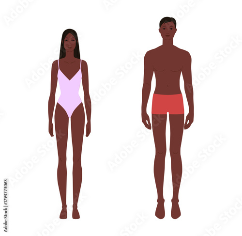 Male and female body template front view, Dark Brown skin tone diversity man, woman. Flat vector anatomy model for fashion design, tailoring, garment fitting, proportions, art reference