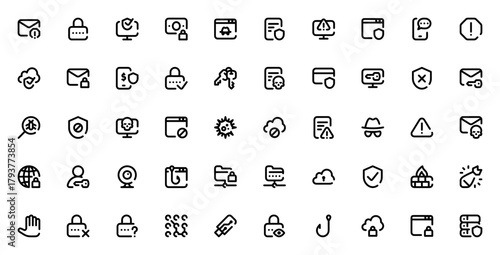 Internet Security icon set. Vector illustration. Incudes symbols for spam, pasword, secure payment, antiirus, firewall, malware, pivacy, login and more. Ediable stroke.