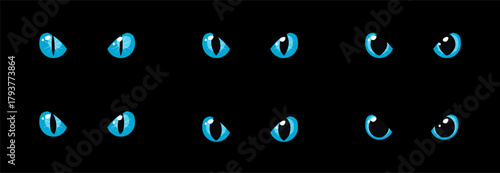 Set of light blue glowing eyes dark background fantasy magic cartoon animal reptile feline mammal monster demon dragon shiny pupil vector illustration