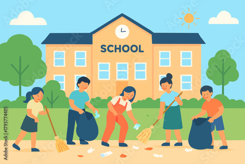 Volunteers Cleaning Up School Playground