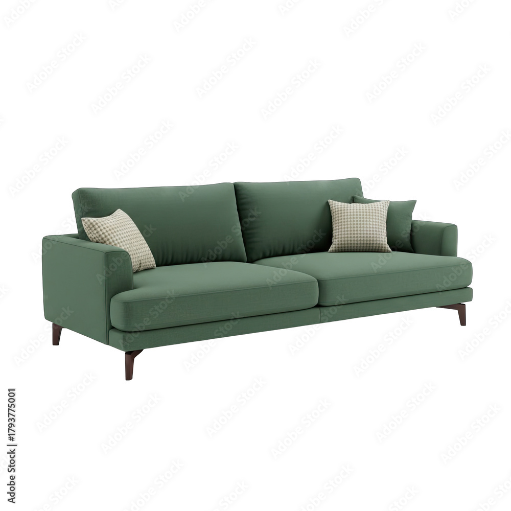Fototapeta premium A Green Upholstered Sofa with Two Cushions on a Transparent Background