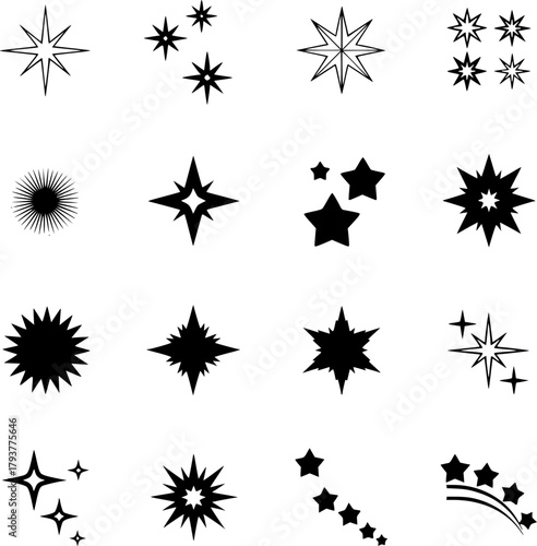 Star icons. Christmas vector symbols isolated. Twinkling stars. Sparkles, shining burst. Vector illustrations, EPS version.
