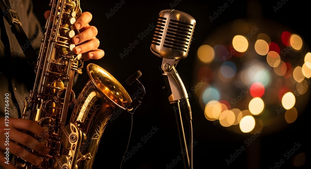 Naklejka premium Close-up of a jazz musician playing a saxophone next to a vintage microphone with bokeh lights in the background.