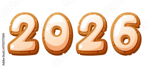 Gingerbread cookies shaped as the numbers 2026. The cookies are decorated with white icing and intricate designs. They have a golden-brown color and a festive appearance.