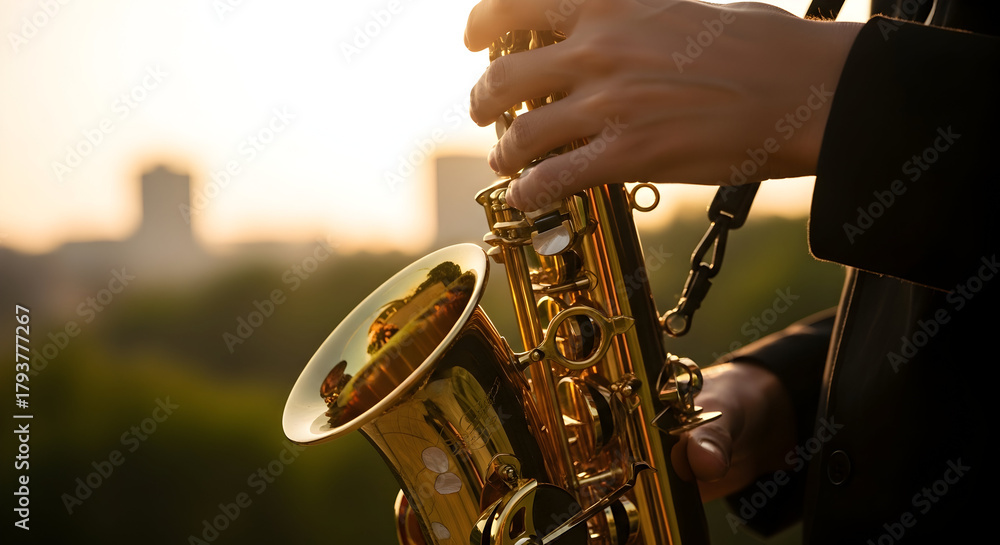 Obraz premium Close-up of a Musician Playing a Saxophone Outdoors at Sunset.