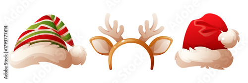 Three festive hats including a red Santa Claus hat, a green and red striped hat, and a reindeer antler headband. Perfect for holiday celebrations.