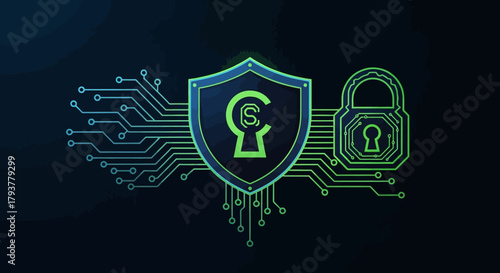 Digital financial security concept, illustrating robust data protection with a cyber shield, currency keyhole, and secure padlock on an advanced circuit board network