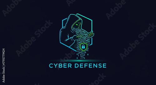 Digital security concept with a hooded hacker, binary data stream, and a protective padlock icon symbolizing cyber defense technology