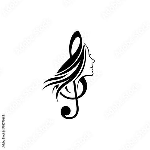 Stylized treble clef with a woman's profile, black on white.