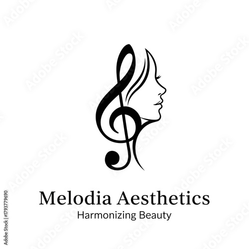 Elegant black and white logo for Melodia Aesthetics featuring a treble clef integrated with a woman's profile silhouette, symbolizing harmonizing beauty.