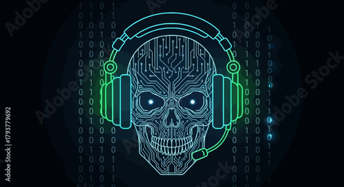 Digital Skull Wearing Headphones with Binary Code Background, Symbolizing Cyber Security and Technology