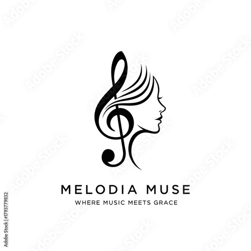 Elegant logo featuring a treble clef and a woman's profile, representing music and grace.